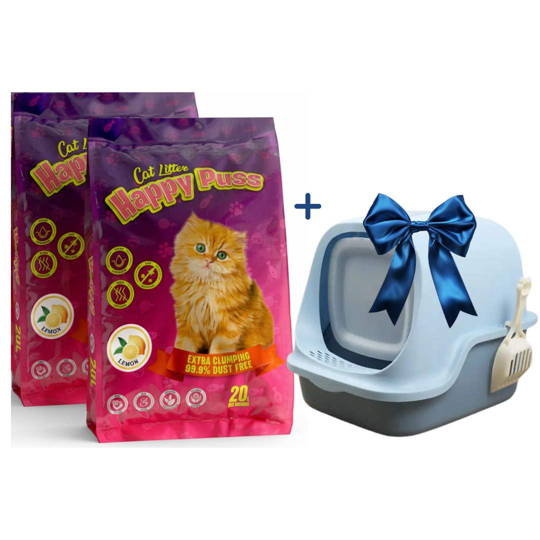 Happy Puss Cat Litter Bundle – 2×20L Clumping Litter + Free Large Enclosed Litter Box (with Scoop)