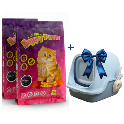 Happy Puss Cat Litter Bundle – 2×20L Clumping Litter + Free Large Enclosed Litter Box (with Scoop)