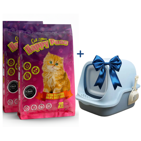 Happy Puss Cat Litter Bundle – 2×20L Clumping Litter + Free Large Enclosed Litter Box (with Scoop)