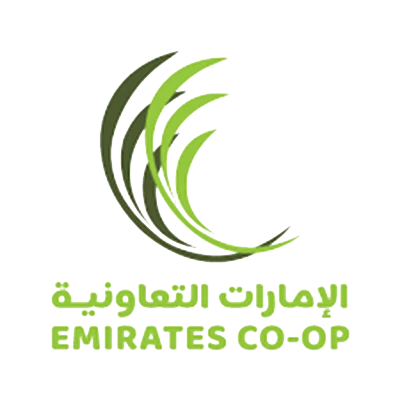 Emirates Cooperative Society logo indicating Happy Puss clumping cat litter availability in Emirates Coop UAE branches, premium odor control cat litter sold in retail stores across the UAE