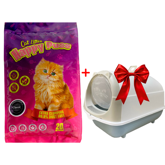 Happy Puss Clumping Cat Litter 20L + Free Enclosed Cat Litter Box – Premium Bundle with Free UAE Delivery