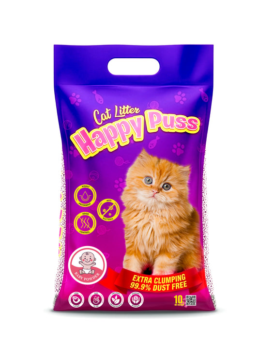 Happy Puss clumping cat litter 10L baby powder scent, low dust formula with strong odor control, fast clumping performance, and hygienic cat litter solution with free UAE delivery