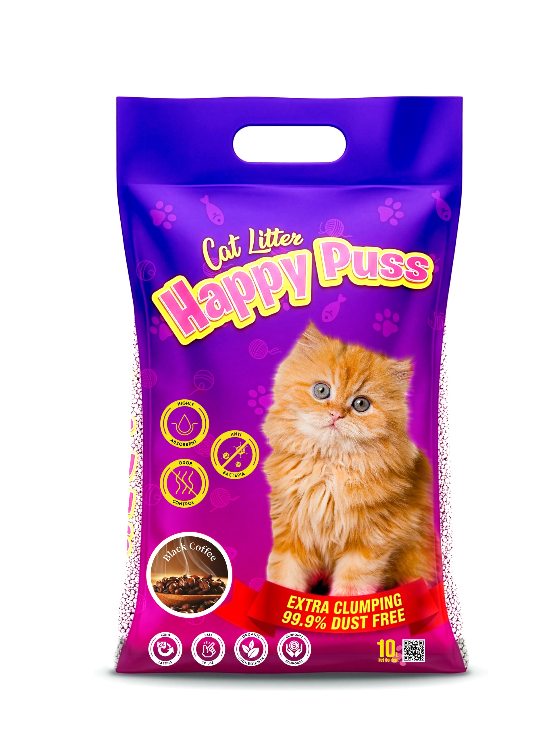 Happy Puss clumping cat litter 10L black coffee scent, low dust formula with strong odor control, fast clumping performance, and hygienic cat litter solution with free UAE delivery