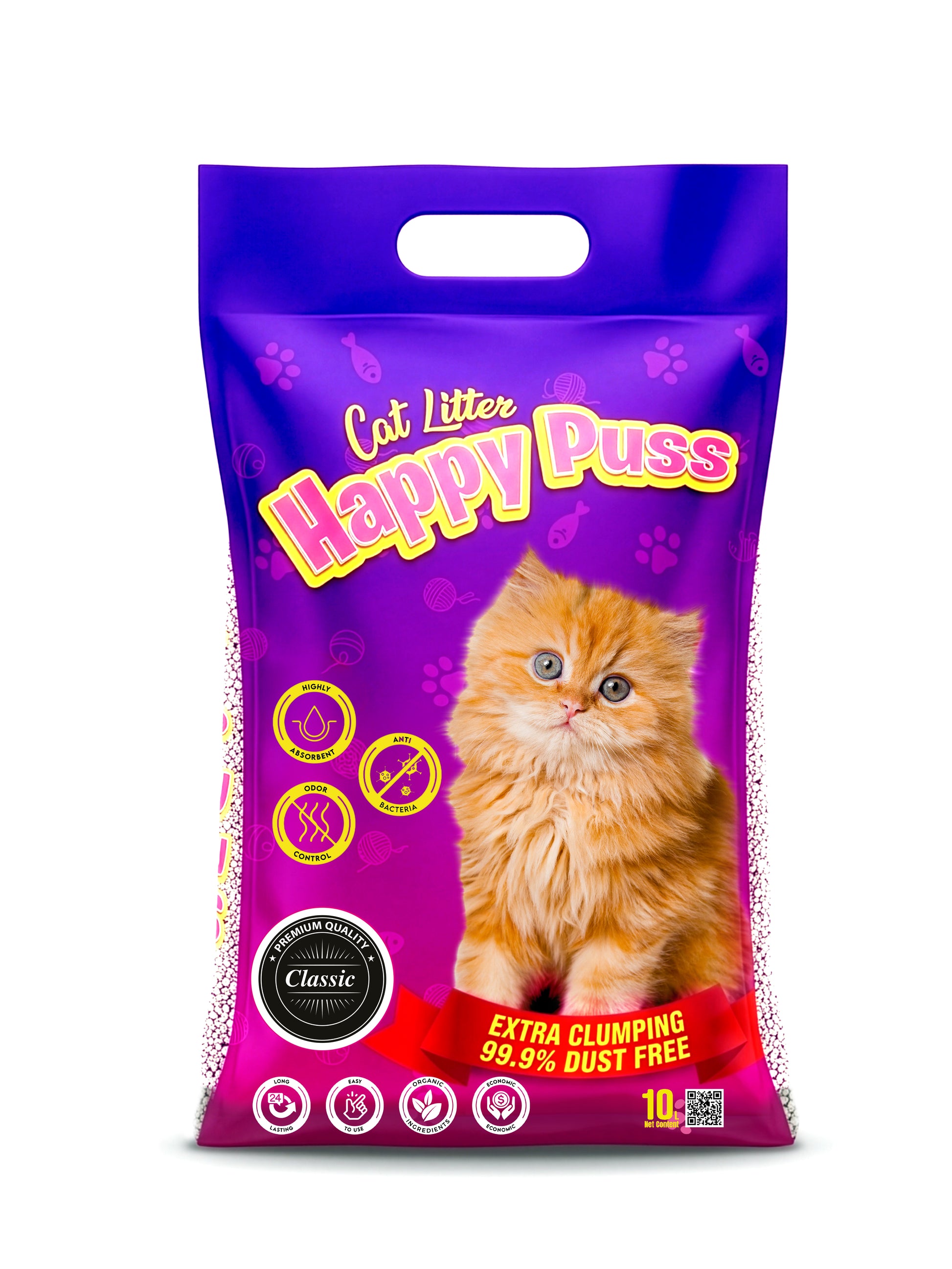 Happy Puss clumping cat litter 10L classic scent, low dust formula with strong odor control, fast clumping performance, and hygienic daily cat litter solution with free UAE delivery