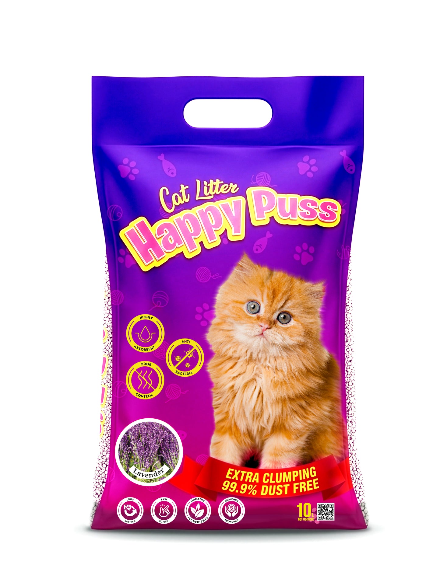 Happy Puss clumping cat litter 10L lavender scent, low dust formula with strong odor control, fast clumping performance, and hygienic cat litter solution with calming fragrance and free UAE delivery