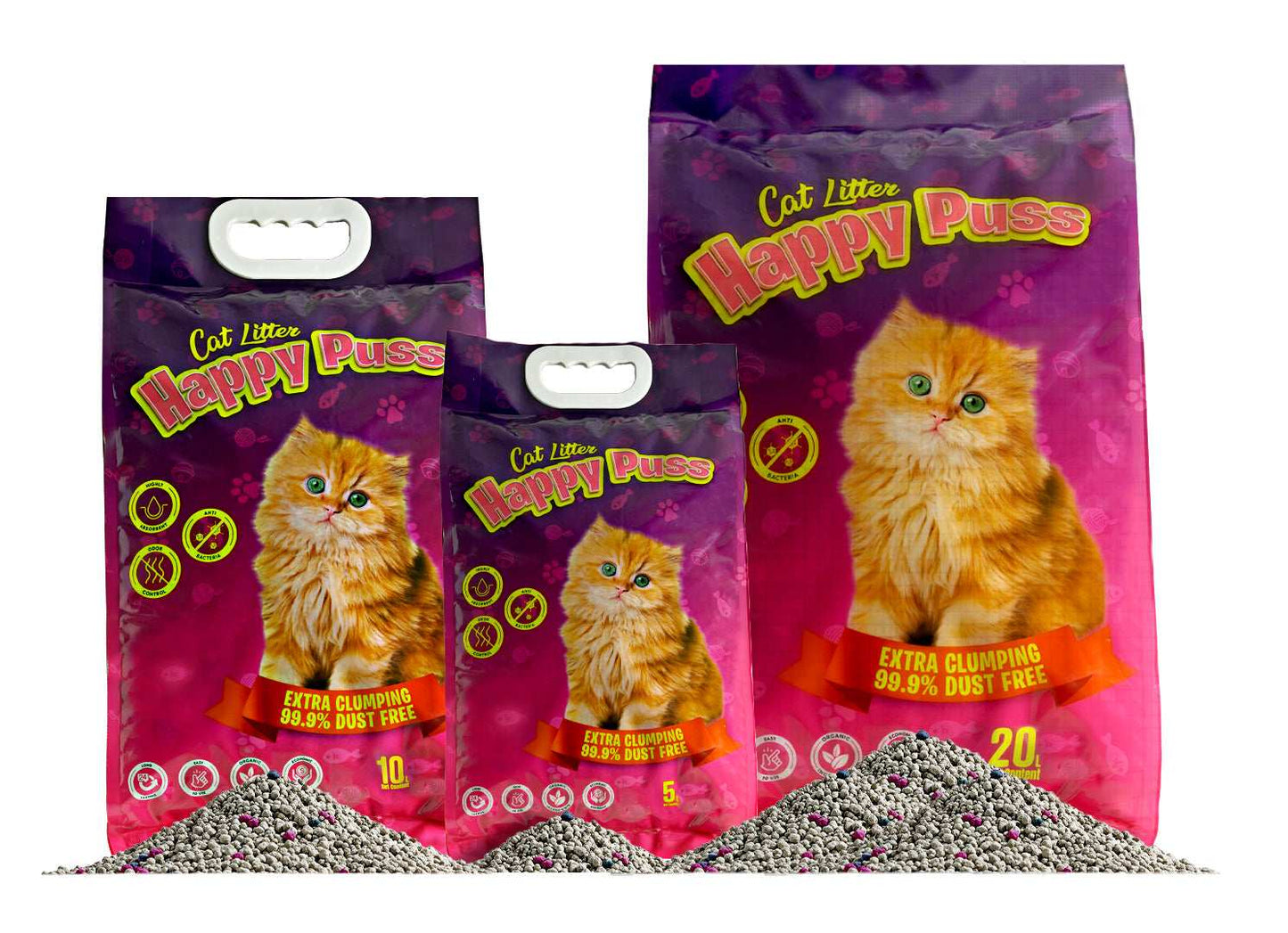 Happy Puss clumping cat litter available in 3 sizes including 20L packaging options, premium low dust formula with strong odor control, fast clumping performance, and free UAE delivery