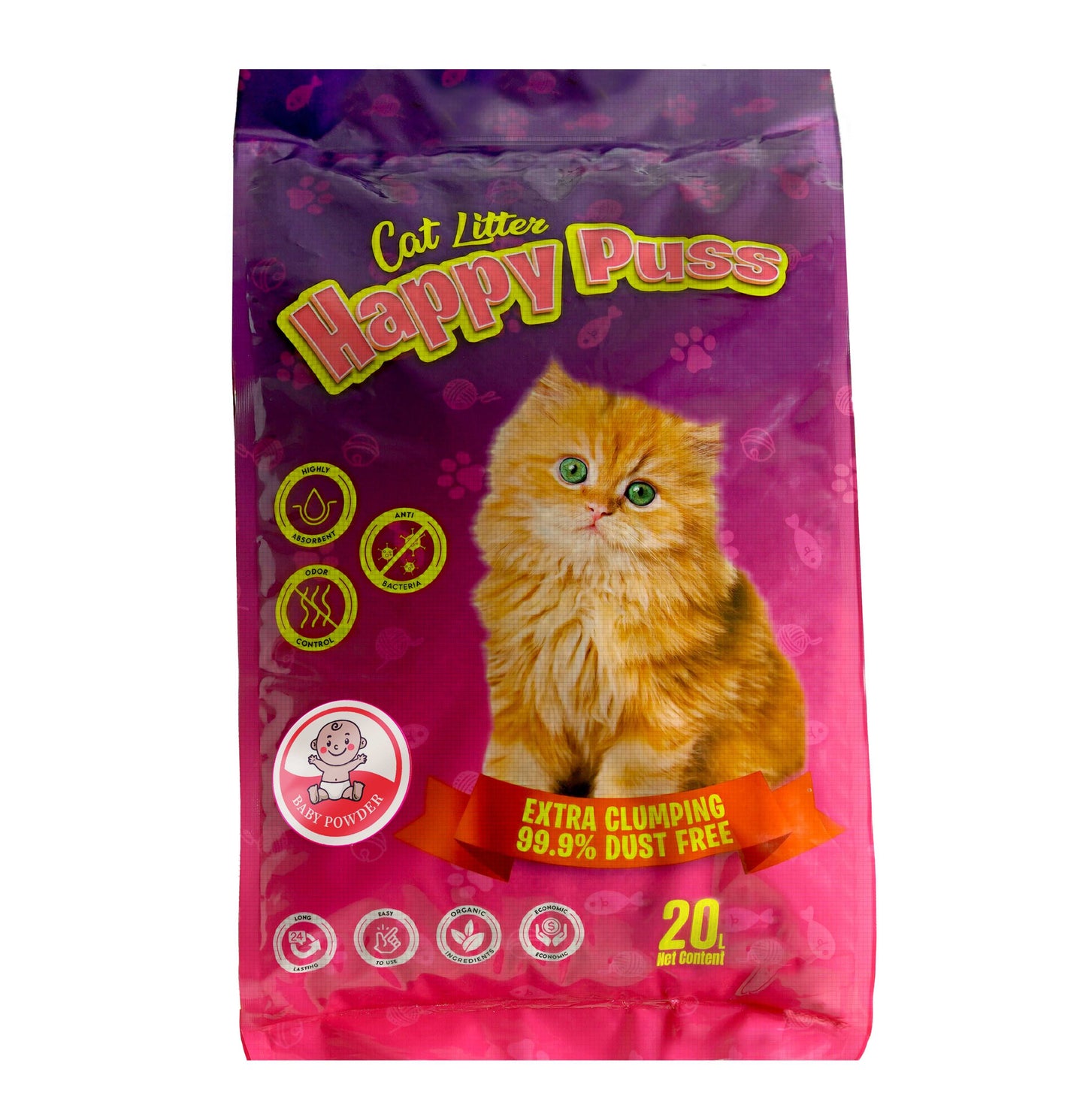 Happy Puss clumping cat litter 20L baby powder scent, low dust formula with strong odor control, fast clumping performance, and hygienic cat litter solution with free UAE delivery