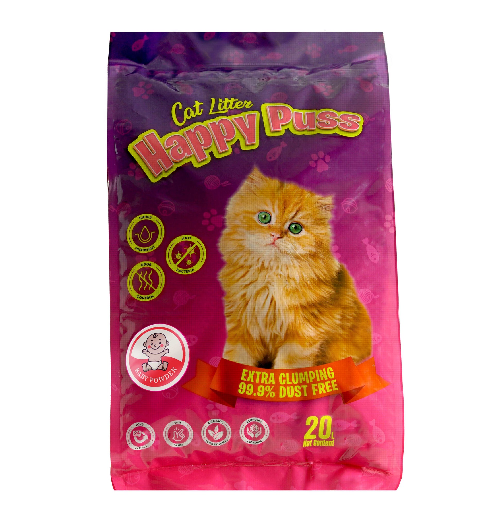 Happy Puss clumping cat litter 20L baby powder scent, low dust formula with strong odor control, fast clumping performance, and hygienic cat litter solution with free UAE delivery