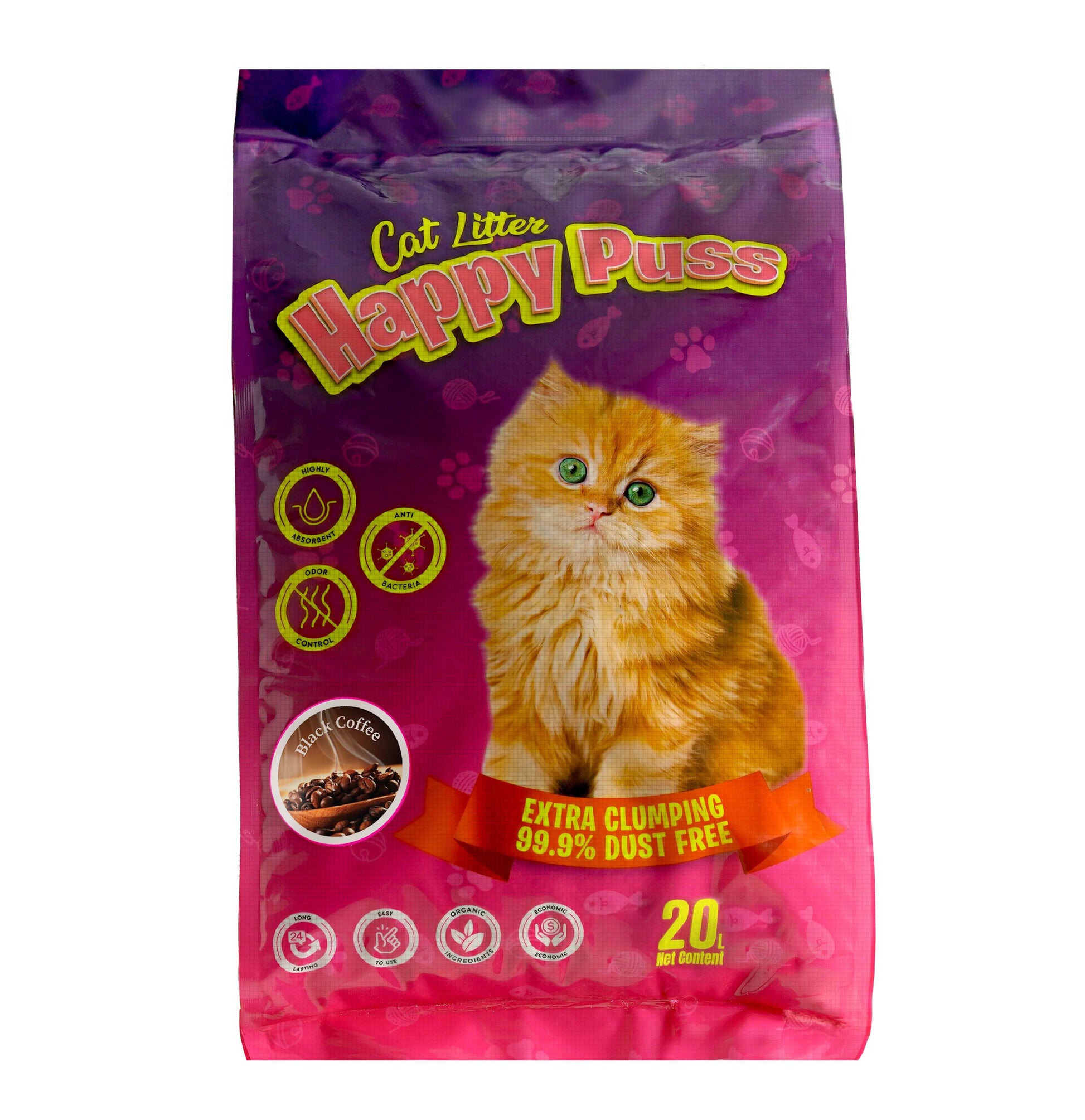 Happy Puss clumping cat litter 20L black coffee scent, low dust formula with strong odor control, fast clumping performance, and hygienic cat litter solution with free UAE delivery