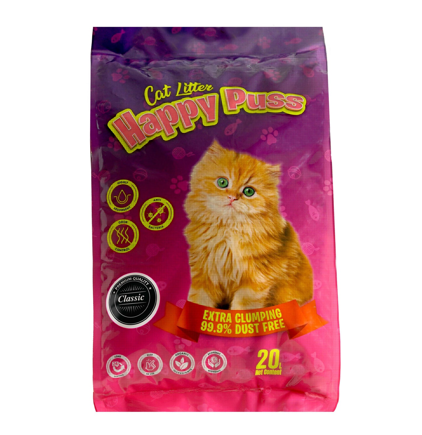 Happy Puss clumping cat litter 20L classic scent, low dust formula with strong odor control, fast clumping performance, and hygienic daily cat litter solution with free UAE delivery