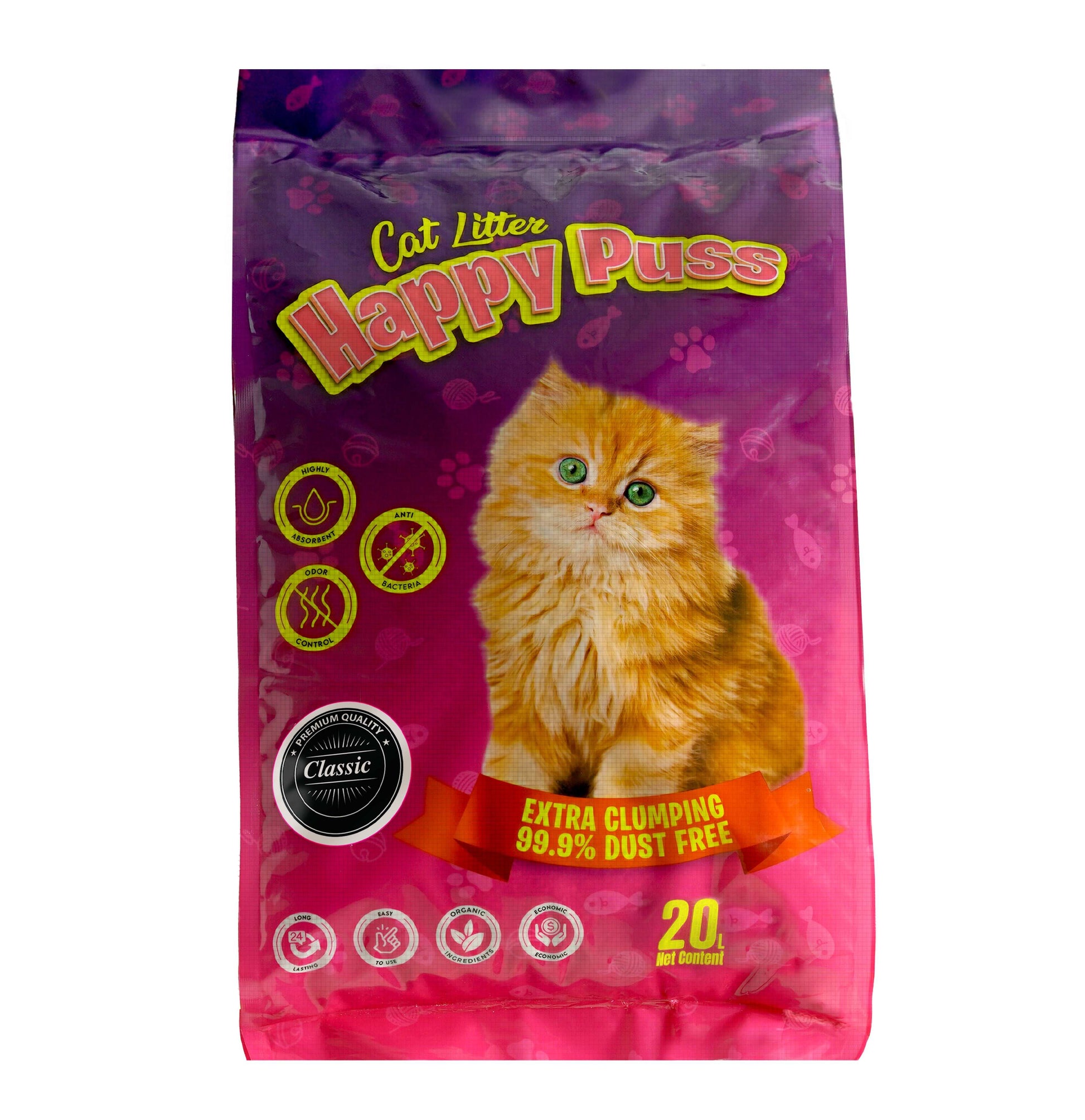 Happy Puss clumping cat litter 20L classic scent, low dust formula with strong odor control, fast clumping performance, and hygienic daily cat litter solution with free UAE delivery