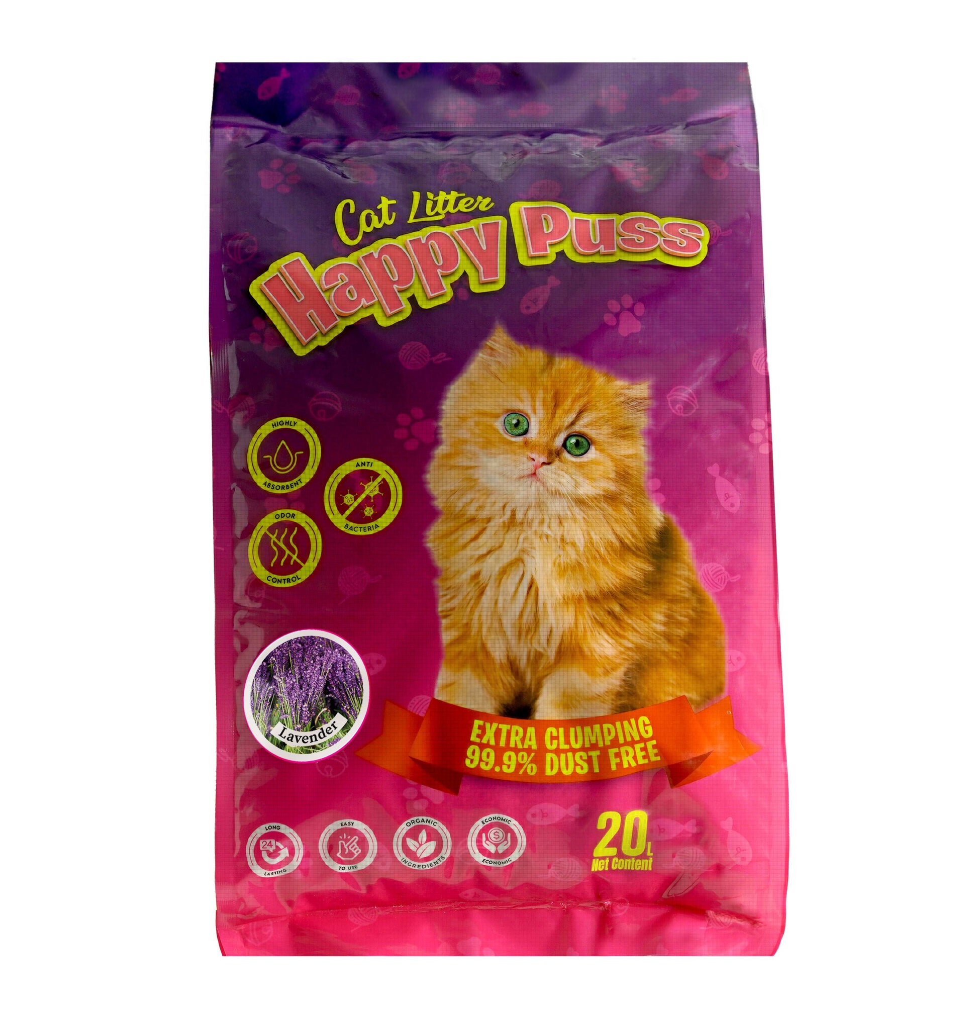 Happy Puss clumping cat litter 20L lavender scent, low dust formula with strong odor control, fast clumping performance, and hygienic cat litter solution with calming fragrance and free UAE delivery