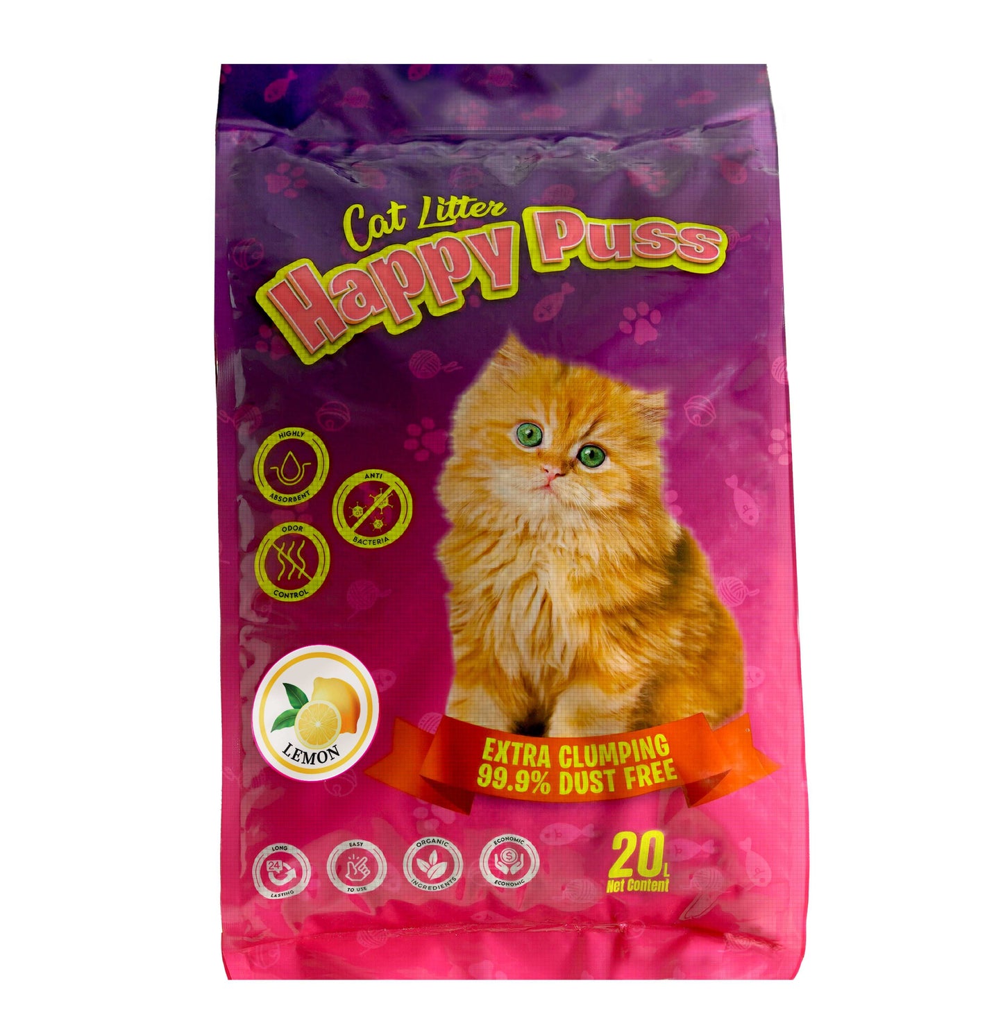 Happy Puss clumping cat litter 20L lemon scent, low dust formula with strong odor control, fast clumping performance, and hygienic cat litter solution with fresh fragrance and free UAE delivery