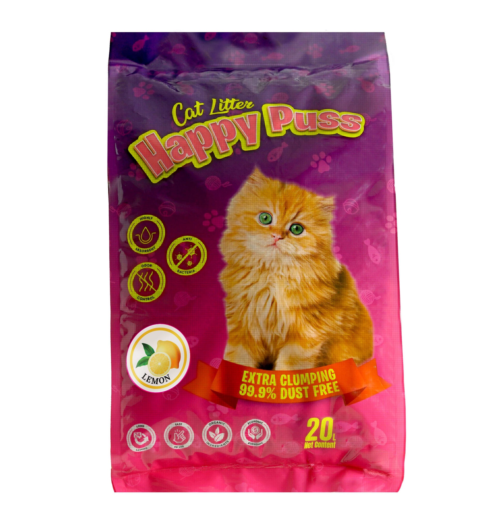 Happy Puss clumping cat litter 20L lemon scent, low dust formula with strong odor control, fast clumping performance, and hygienic cat litter solution with fresh fragrance and free UAE delivery