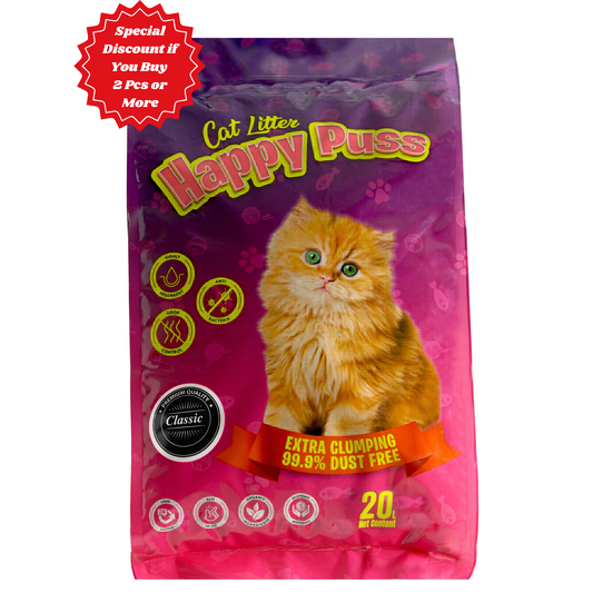 Happy Puss clumping cat litter 20L special offer, premium bentonite cat litter with strong odor control and fast clumping, available in UAE with free delivery