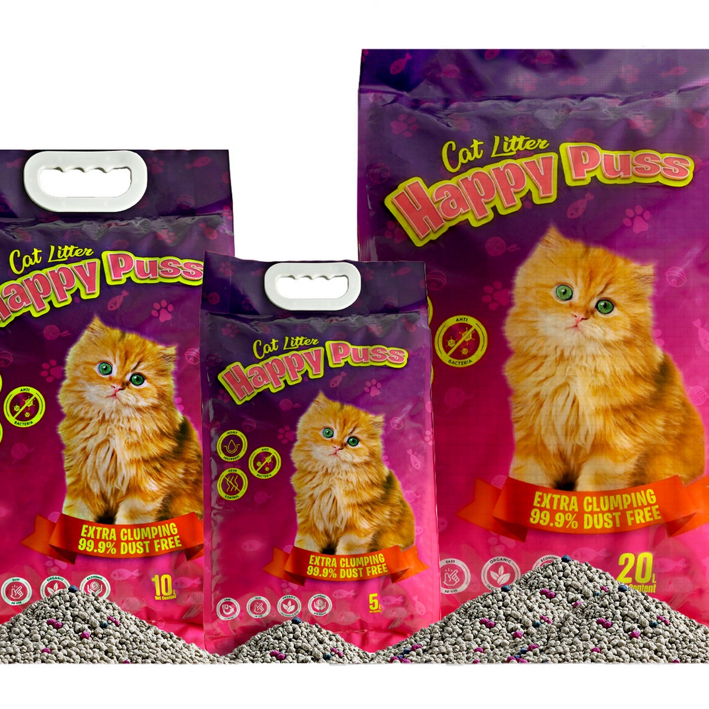 Happy Puss clumping cat litter available in 3 sizes including 5L packaging options, premium low dust formula with strong odor control, fast clumping performance, and hygienic cat litter solution with free UAE delivery