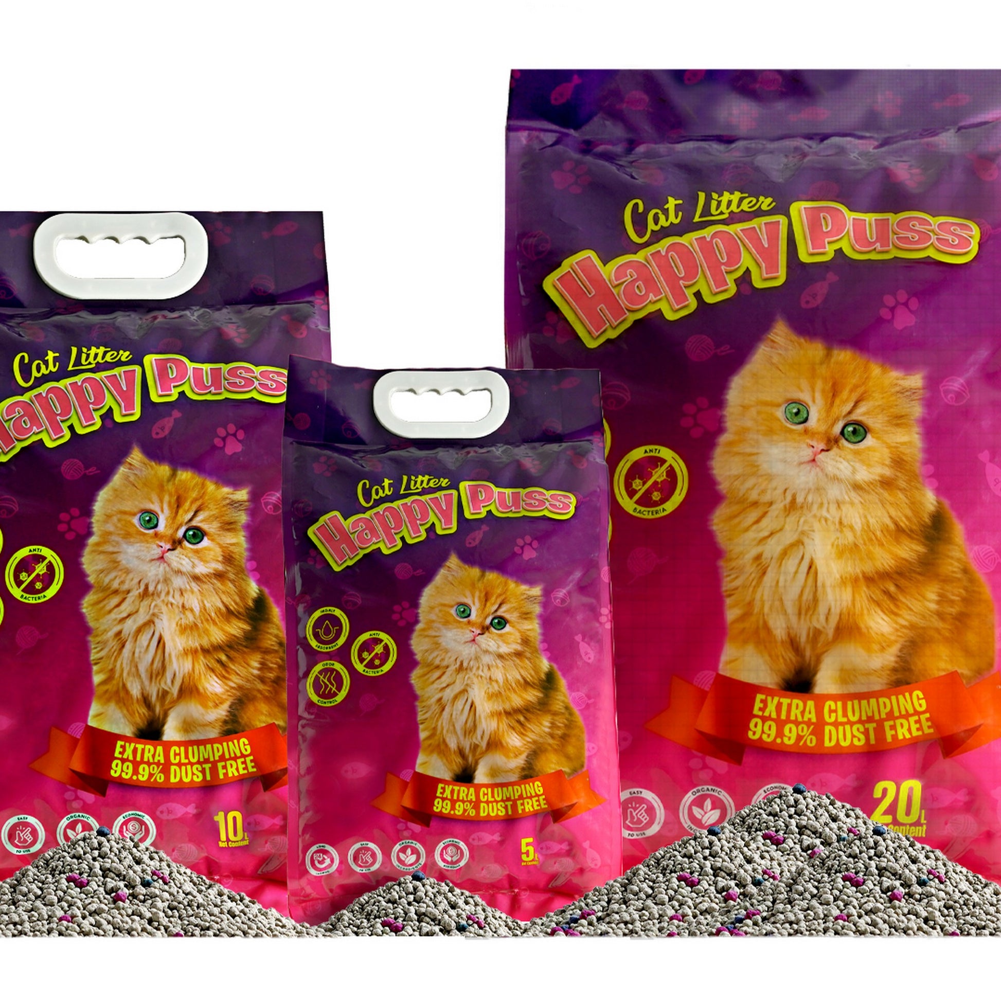 Happy Puss clumping cat litter available in 3 sizes including 5L packaging options, premium low dust formula with strong odor control, fast clumping performance, and hygienic cat litter solution with free UAE delivery