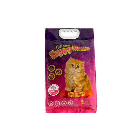 Happy Puss clumping cat litter 5L baby powder scent, low dust formula with strong odor control, fast clumping performance, and free delivery across UAE for daily cat hygiene and clean homes