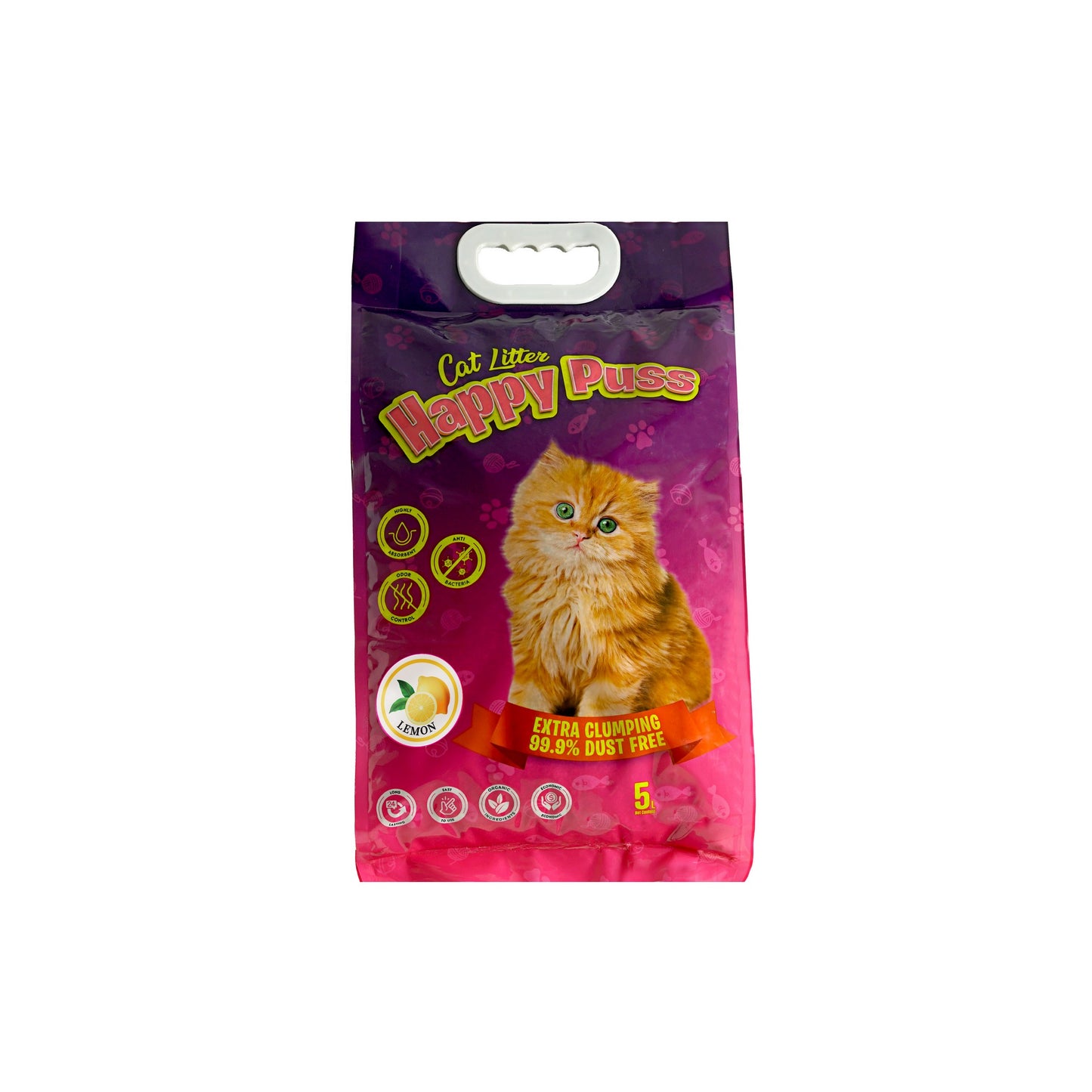 Happy Puss clumping cat litter 5L lemon scent, low dust formula with strong odor control, fast clumping performance, and hygienic cat litter solution with fresh fragrance and free delivery across UAE