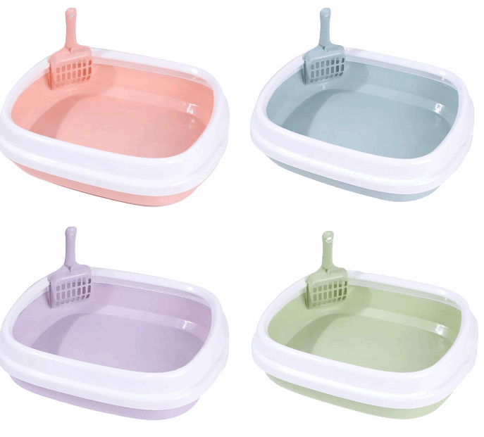 Open mixed color cat litter box with 4 color variations, designed for stylish home use, easy cleaning, and effective clumping cat litter performance for odor control and cat hygiene in UAE homes