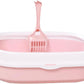 Close-up second angle of pink cat litter in open box with scoop, showing strong clumping performance, odor control, and easy cleaning for daily cat hygiene in UAE homes